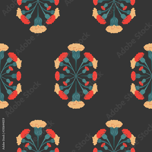 Vector Vivid Meadow Floral Symmetrical Design on Dark seamless pattern background.