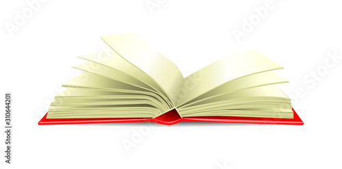  An open red book lying on a table or shelf. Vector illustration of a book or textbook on a white isolated background. Use it as a symbol of knowledge or a library.