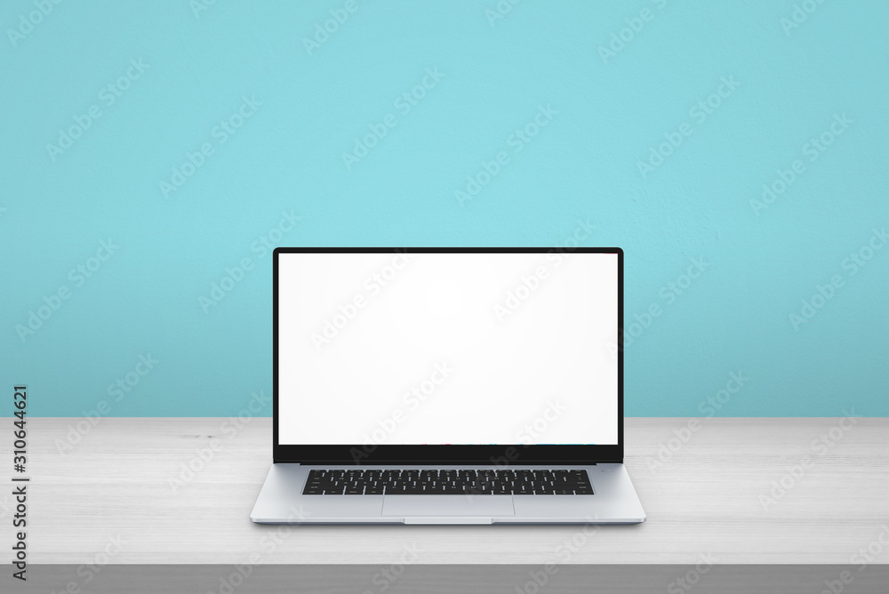 Laptop on desk. Isolated scree for mockup. Blue background Laptop on desk. Isolated scree for mockup. Blue background