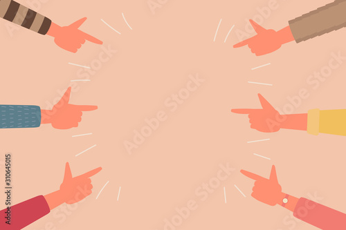 human hand finger arrow sign teamwork together concept, vector flat illustration