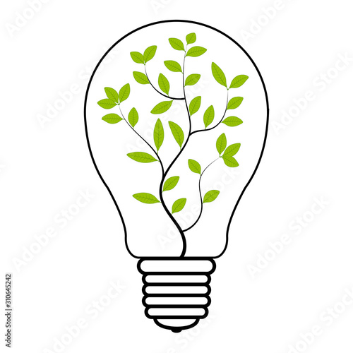 light bulb tree plant inside, vector light bulb with green plant symbol of eco energy saving and renewable energy, green electricity sign