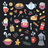 Cute home food vector illustrations on dark background. Festive sweet cakes, chocolate, candy, coffee, hot drinks for celebration Christmas and winter holidays