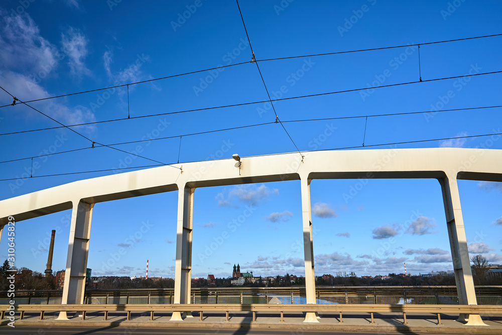 Steel structure of road bridge over the Warta river in the city of Poznan. Steel structure of road bridge over the Warta river in the city of Poznan.