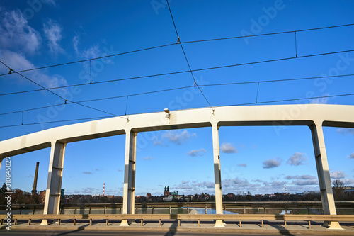Steel structure of road bridge over the Warta river in the city of Poznan.