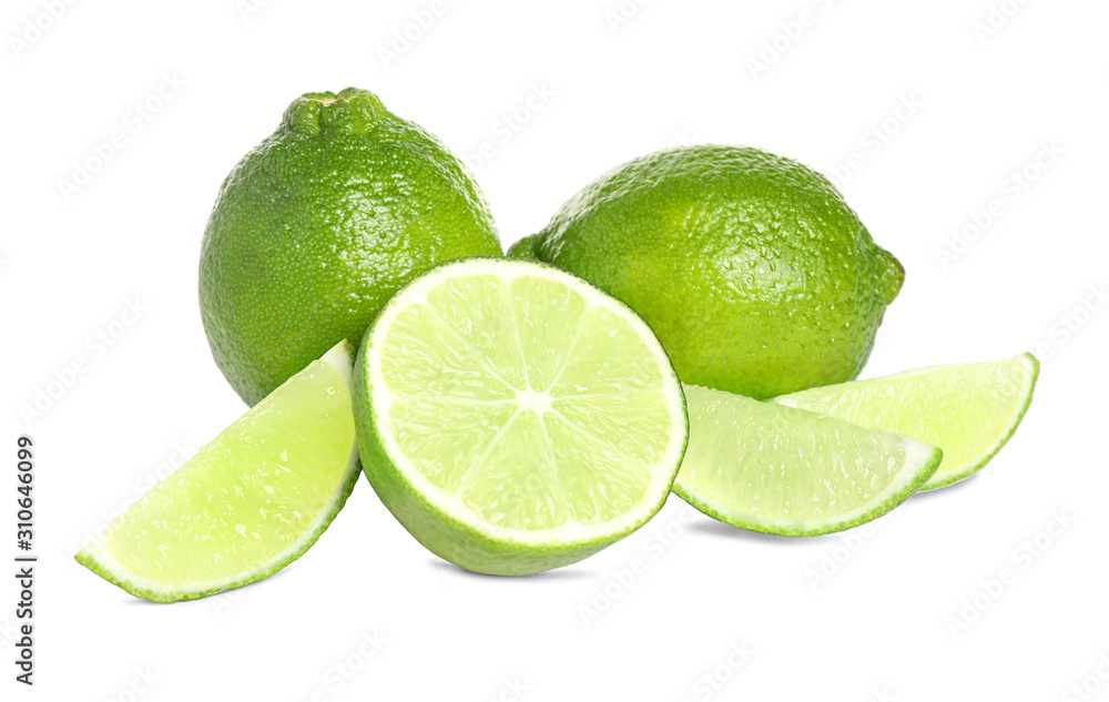 Fresh ripe green limes isolated on white