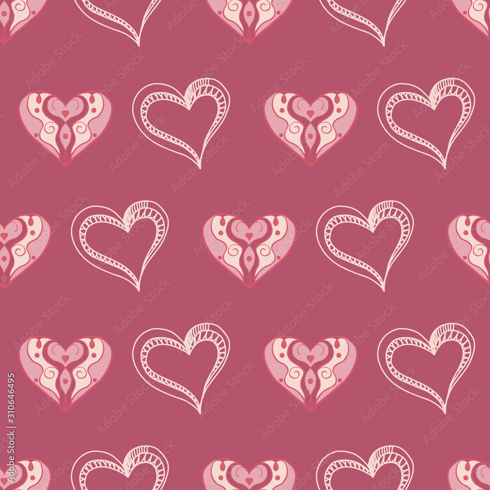 Cororful Red Romantic cute seamless pattern with hearts. Vector. Doodle style. Berry red backdrop. Decorative Hand drawing background. Valentine day. Red, light pink. For packaging paper, fabric 