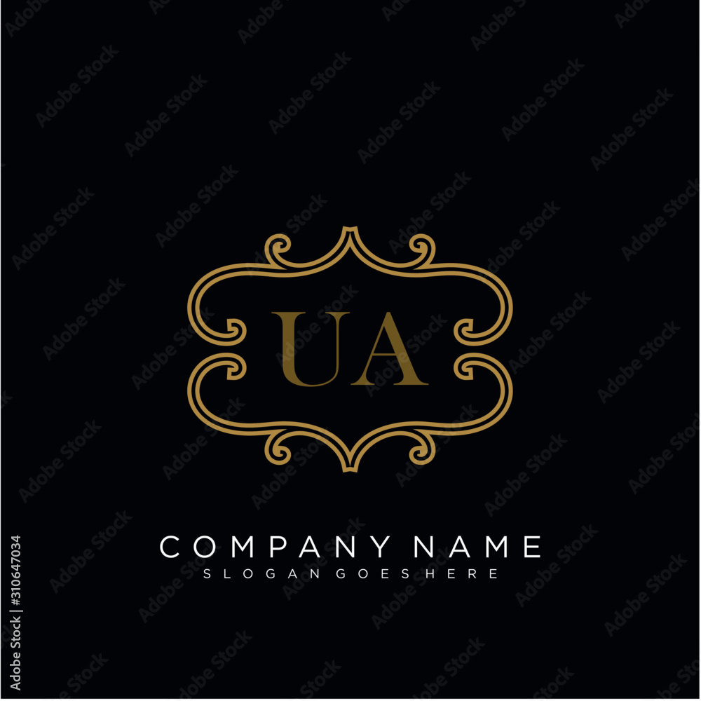 Initial letter UA logo luxury vector mark, gold color elegant classical