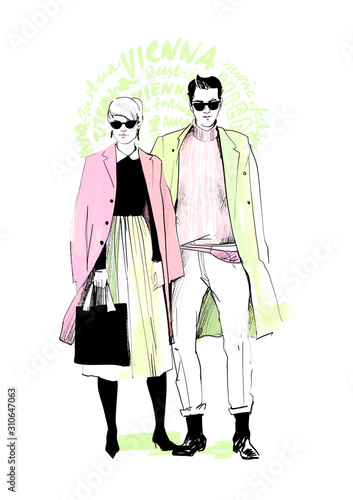 Couple green and pink outfit isolated