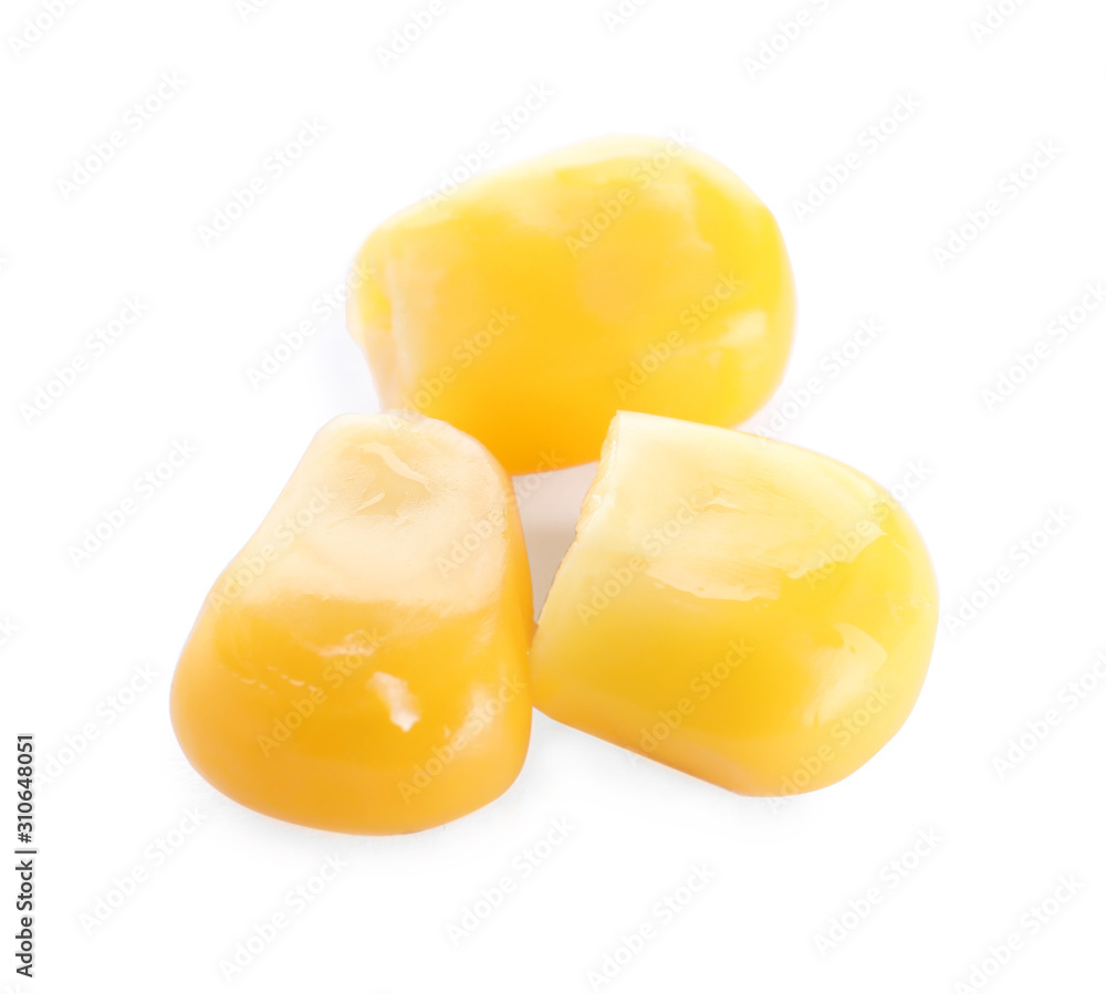 Delicious canned corn kernels isolated on white Delicious canned corn kernels isolated on white