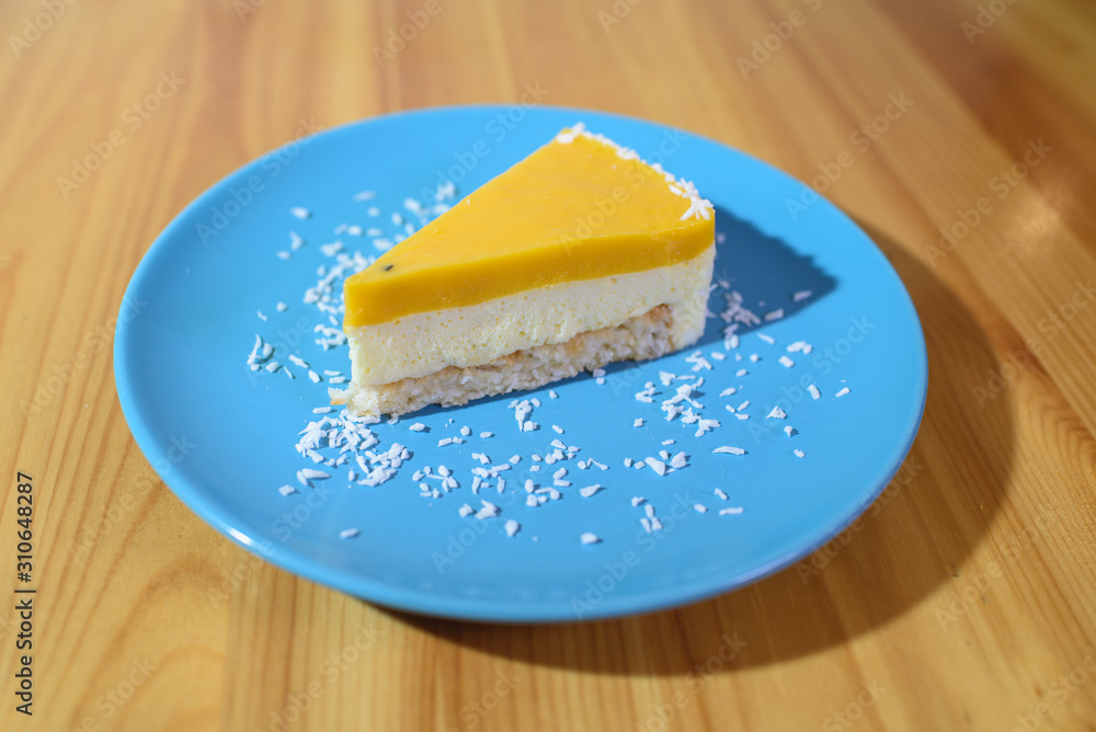 Mousse dessert on a large bright wooden table