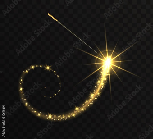 Magic wand with golden swirl and sparkles isolated on transparent background. The magic scepter with stardust trail.