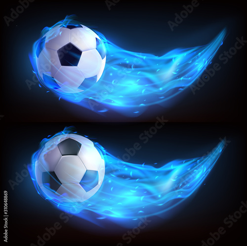 Flying soccer ball in blue fire isolated on black background. Vector realistic symbol of football in plasma flame with sparks. Template for poster, banner for the match of sport tournament