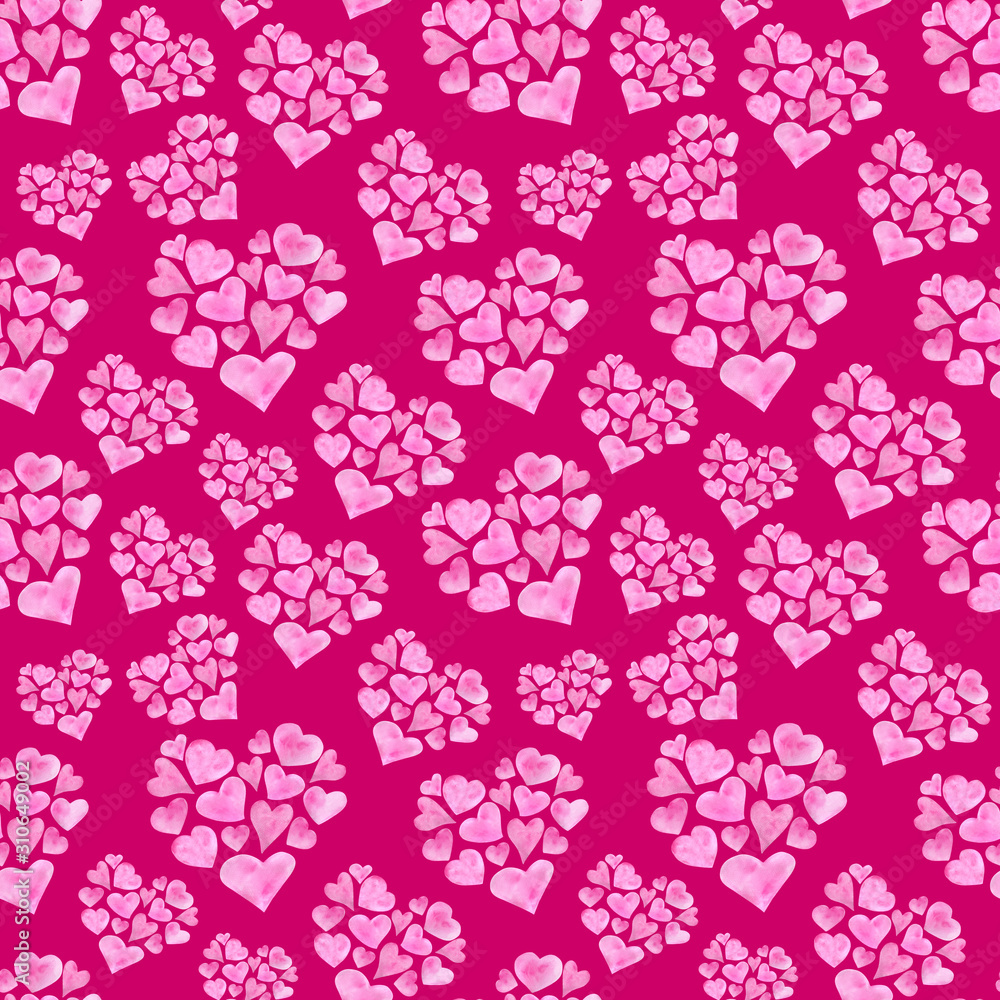 Watercolor romantic seamless pattern for Saint Valentine's Day. Hand drawn pink heart shapes. Elements isolated on bright red background for greeting cards design, wrapping, posters, printing