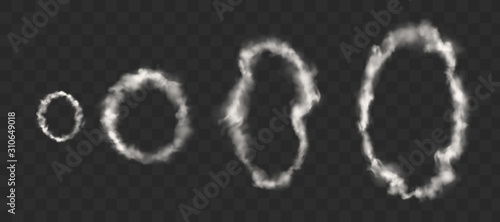 White smoke rings from cigarette, pipe or vape. Vector realistic circle of steam clouds of smoking hookah isolated on transparent background