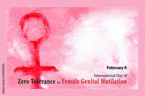 Simple, minimal, vectorized, grungy watercolor banner/poster design with woman/female sign/symbol for International Day of Zero Tolerance to Female Genital Mutilation on February 6. Space for text. 