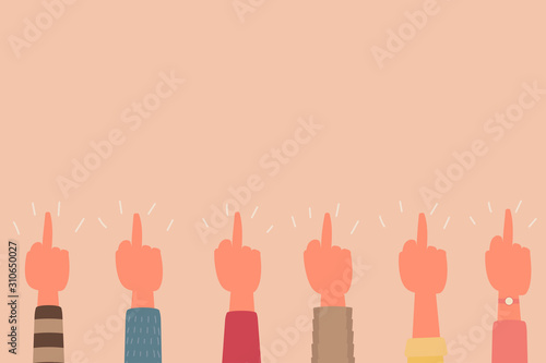 human hand raised up with finger fuck you sign teamwork concept, vector flat illustration