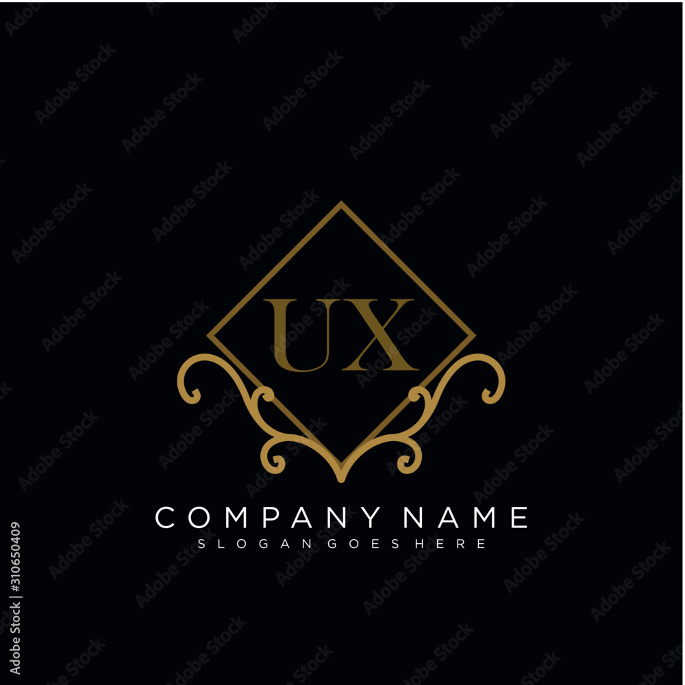 Initial letter UX logo luxury vector mark, gold color elegant classical