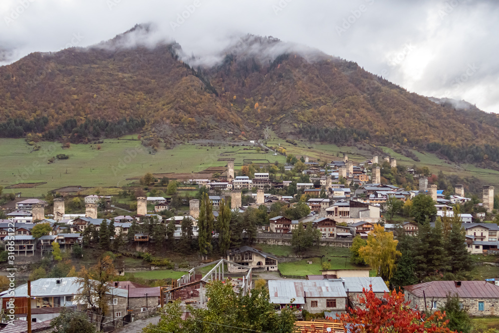 Morning  view of Mestia village in Svaneti in the mountainous part of Georgia
