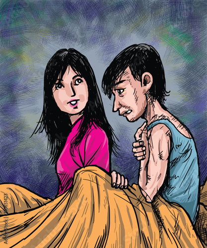 Illustration of the couple wake up at night after nightmare dream