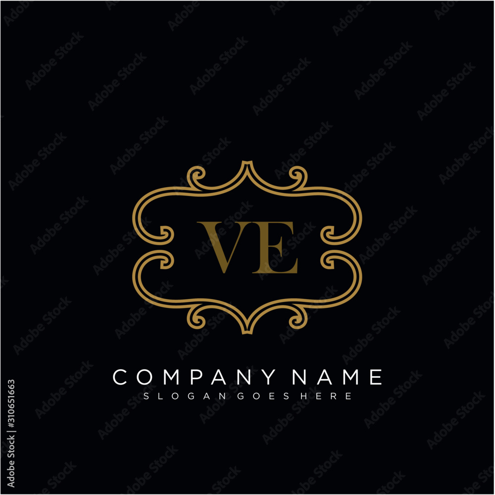 Initial letter VE logo luxury vector mark, gold color elegant classical