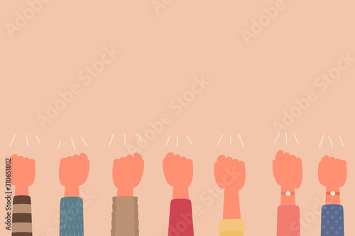 human fist hand raised up teamwork concept, vector flat illustration