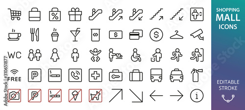 Shopping Mall icons set. Set of toilet signs, invalid wc, mother and baby room, diaper change, atm, information, no smoking, no parking, pets, ice cream, no camera photo, currency exchange icon