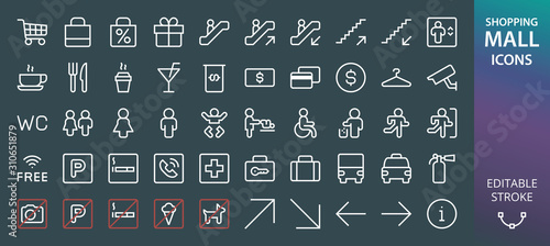 Shopping mall rectangular icons set. Set of elevator, escalator, lift, stairs up and down, smoking area, diaper change, wc, man toilet, female wc, wheelchair isolated vector icon on dark background