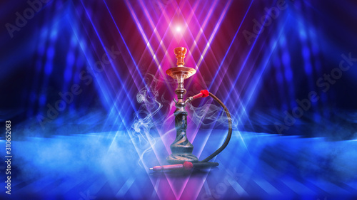 Hookah with smoke on a background of blurry lights. Abstract background, neon glow © Laura Сrazy