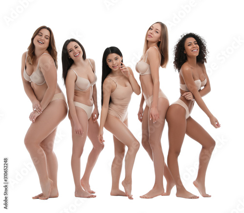 Group of women with different body types in underwear on white background