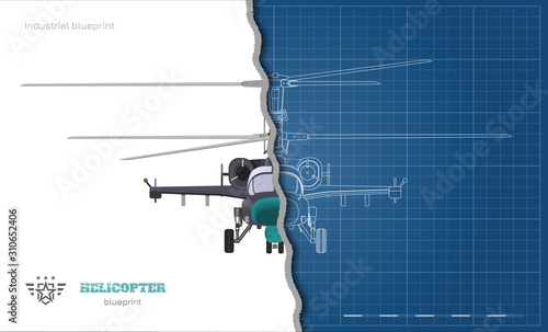 Outline blueprint of military helicopter. Front views of armed air vehicle. Industrial isolated 3d image. War copter