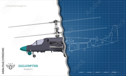 Outline blueprint of military helicopter. Side views of armed air vehicle. Industrial isolated 3d image. War copter