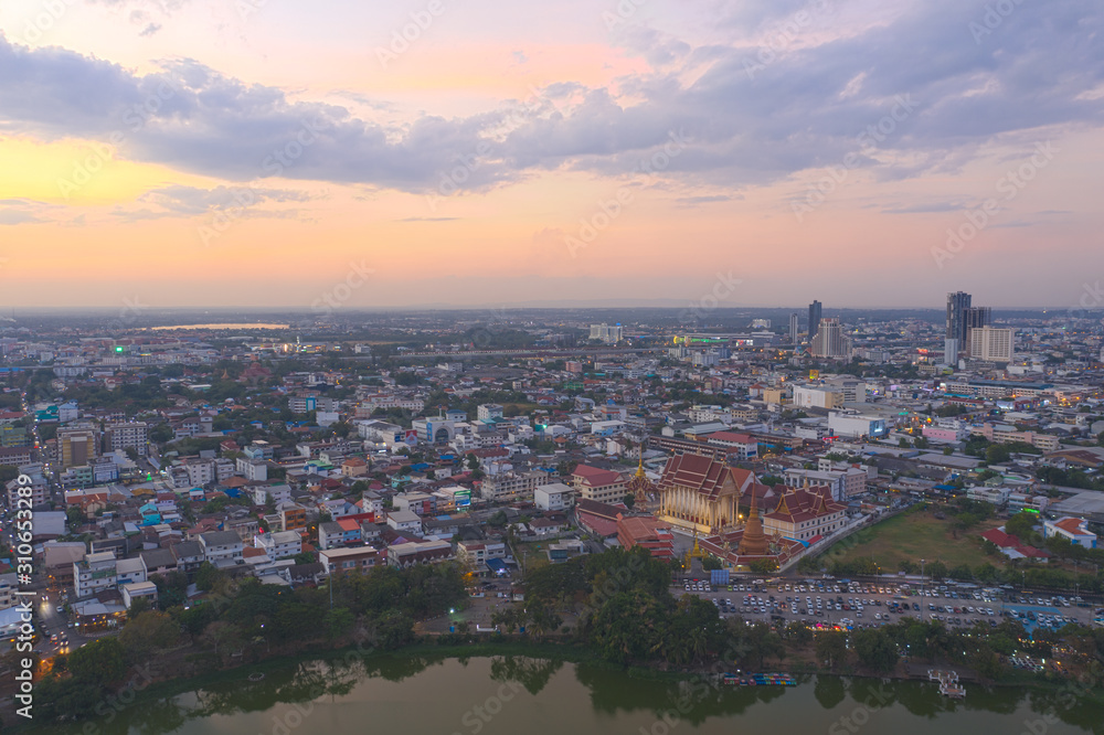 Aerial view Khon Kaen province with Wat That at bueng kaen nakhon lake in Thailand