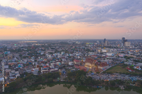 Aerial view Khon Kaen province with Wat That at bueng kaen nakhon lake in Thailand