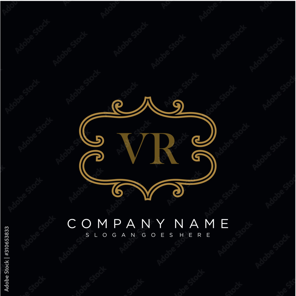 Initial letter VR logo luxury vector mark, gold color elegant classical 
