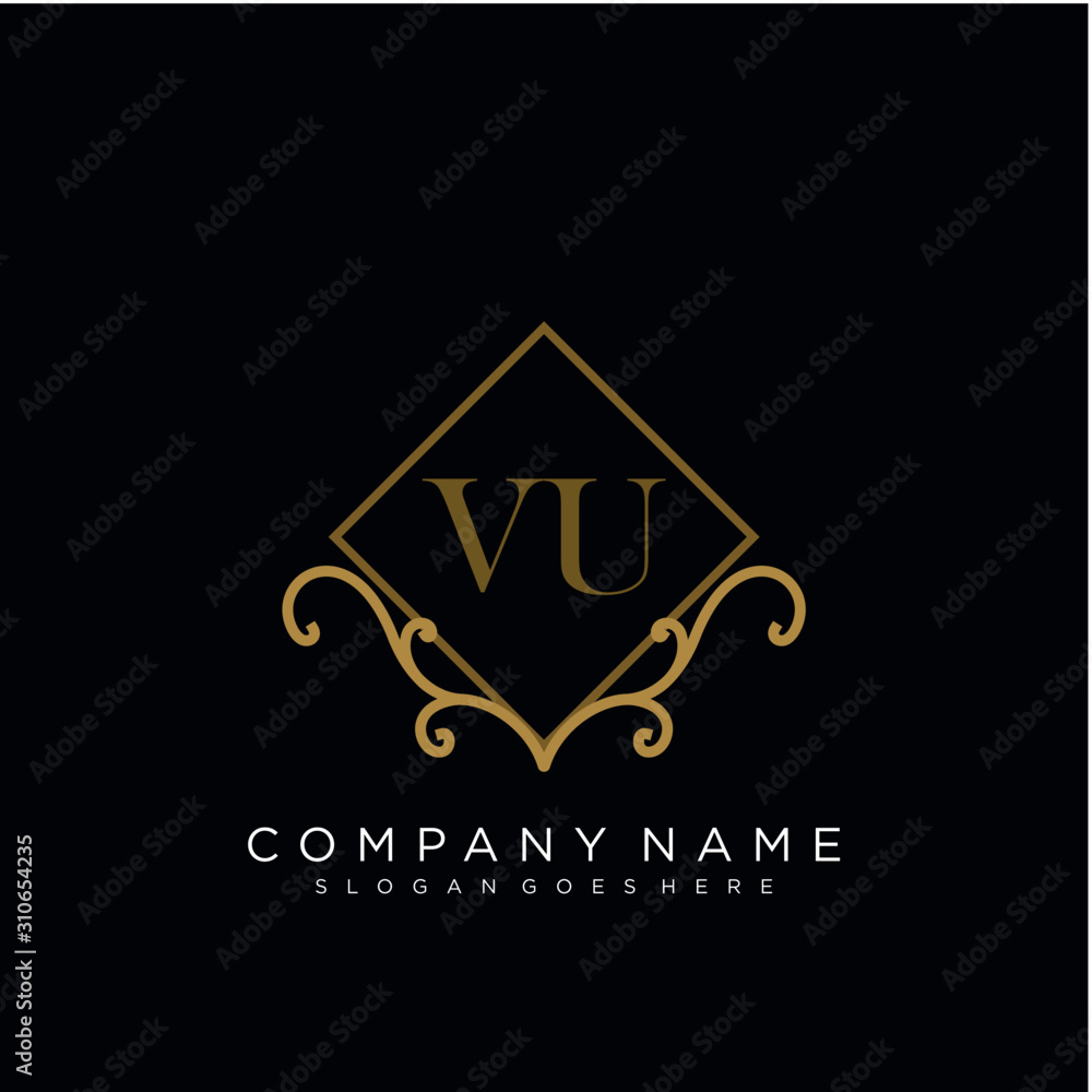 Initial letter VU logo luxury vector mark, gold color elegant classical 