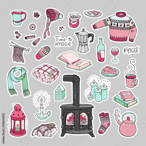 Vector set of hugge stickers. Hand-drawn set of hygge doodles.