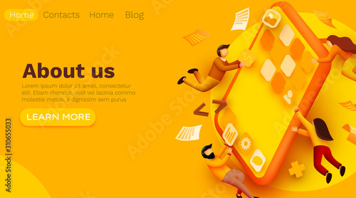 Modern banner template with tiny people and giant smartphone. mobile app design. User interface development concept. Small people building applications. Website template.