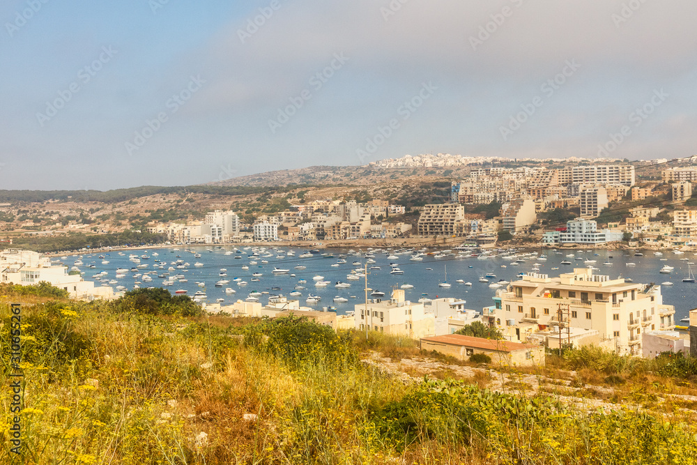 Sea bay with moored boats at The Malta island, Europe.
