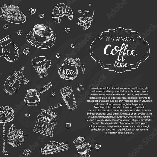 Set of coffee symbols lettering drawing in vintage style. Vector card design with hand drawn coffee and dessert illustration. Decorative background with coffee sketch for restaurant or cafe menu