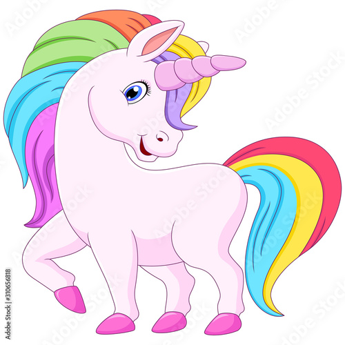 Cute cartoon unicorn with rainbow mane