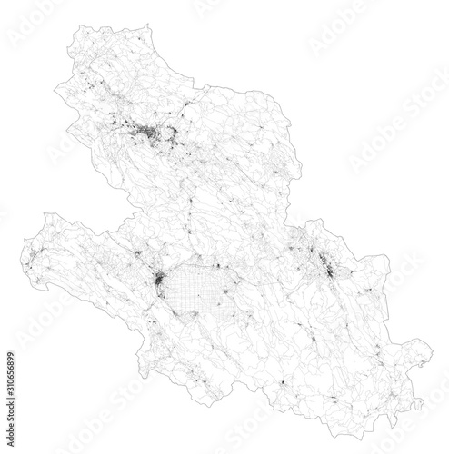 Satellite map of Province of Aquila, towns and roads, buildings and connecting roads of surrounding areas. Abruzzo region, Italy. Map roads, ring roads