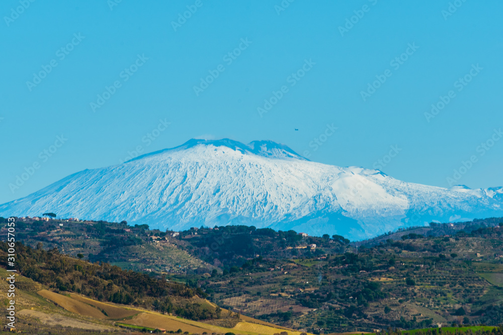 View of Mount Etna from Mazzarino, Caltanissetta, Sicily, Italy, Europe