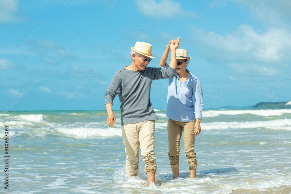 Senior couple dancing at beach on sunny day. Senior couple dancing at beach on sunny day.