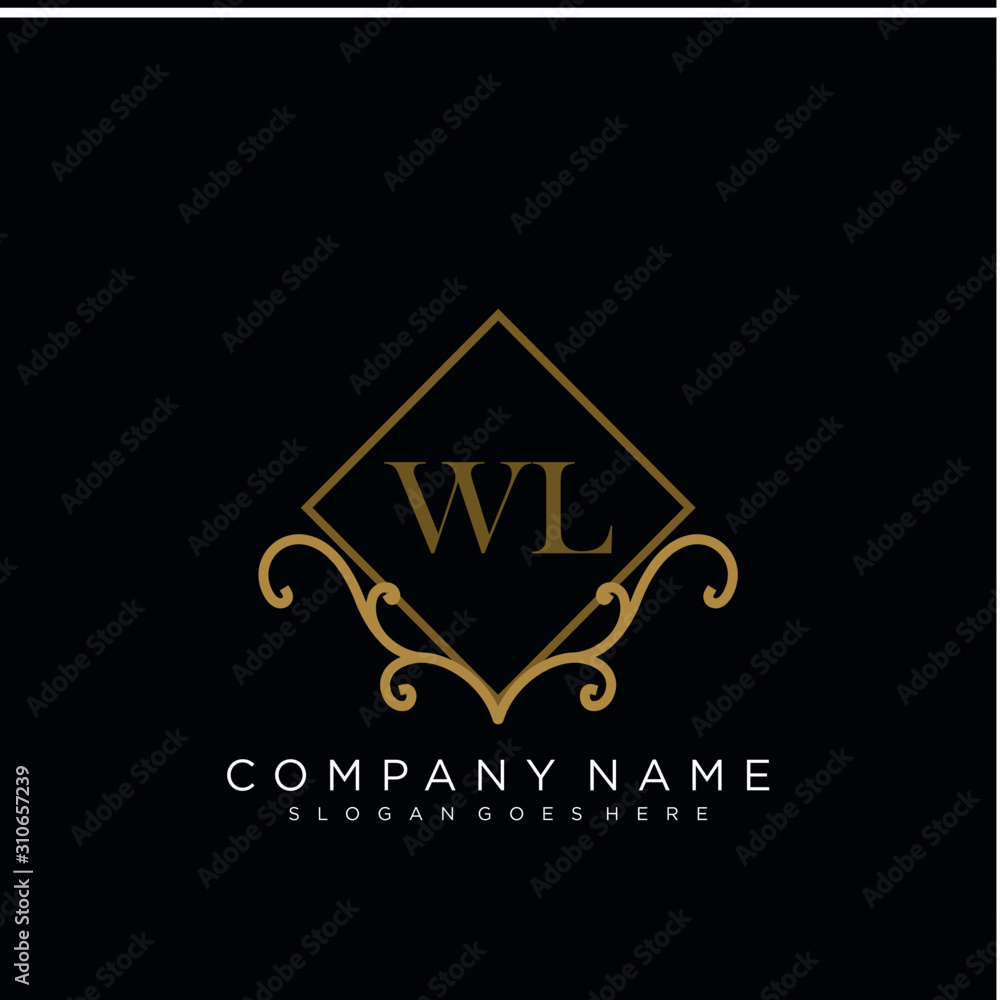Initial letter WL logo luxury vector mark, gold color elegant classical