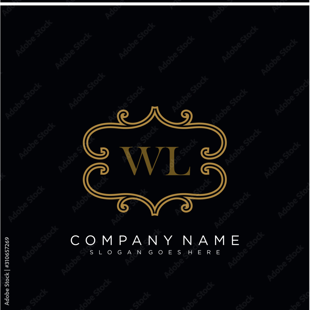 Initial letter WL logo luxury vector mark, gold color elegant classical