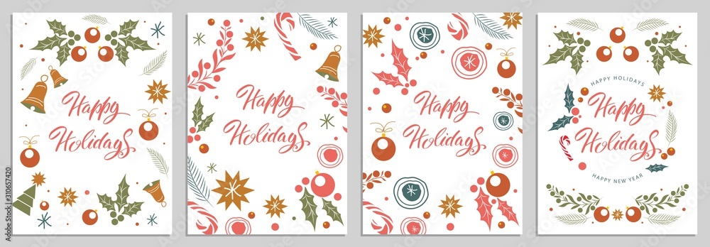 Set of greeting cards with Christmas and winter seasonal holidays. Holiday lettering. Vector illustration