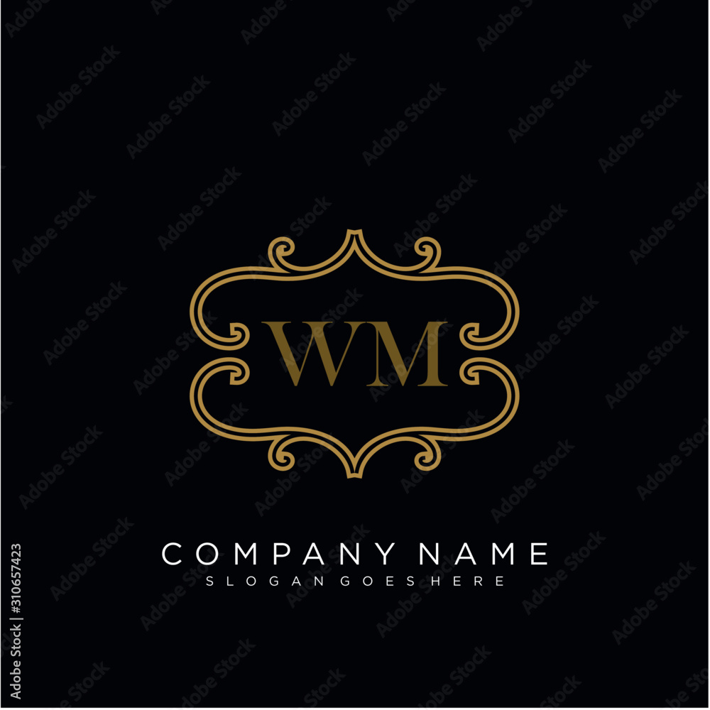 Initial letter WM logo luxury vector mark, gold color elegant classical