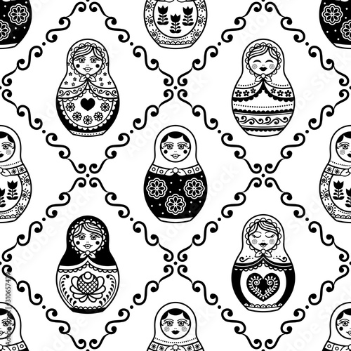 Russian nesting doll vector seamless pattern, repetitive design inpisred by Matryoshka dolls from Russia  