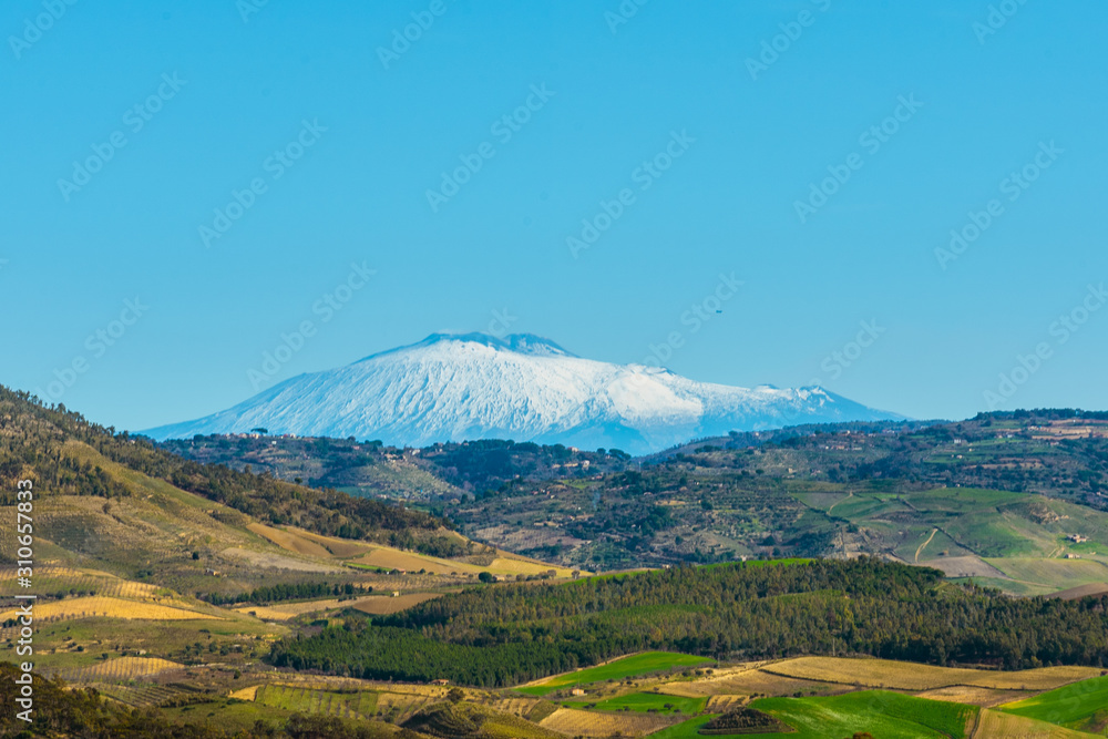 View of Mount Etna from Mazzarino, Caltanissetta, Sicily, Italy, Europe View of Mount Etna from Mazzarino, Caltanissetta, Sicily, Italy, Europe