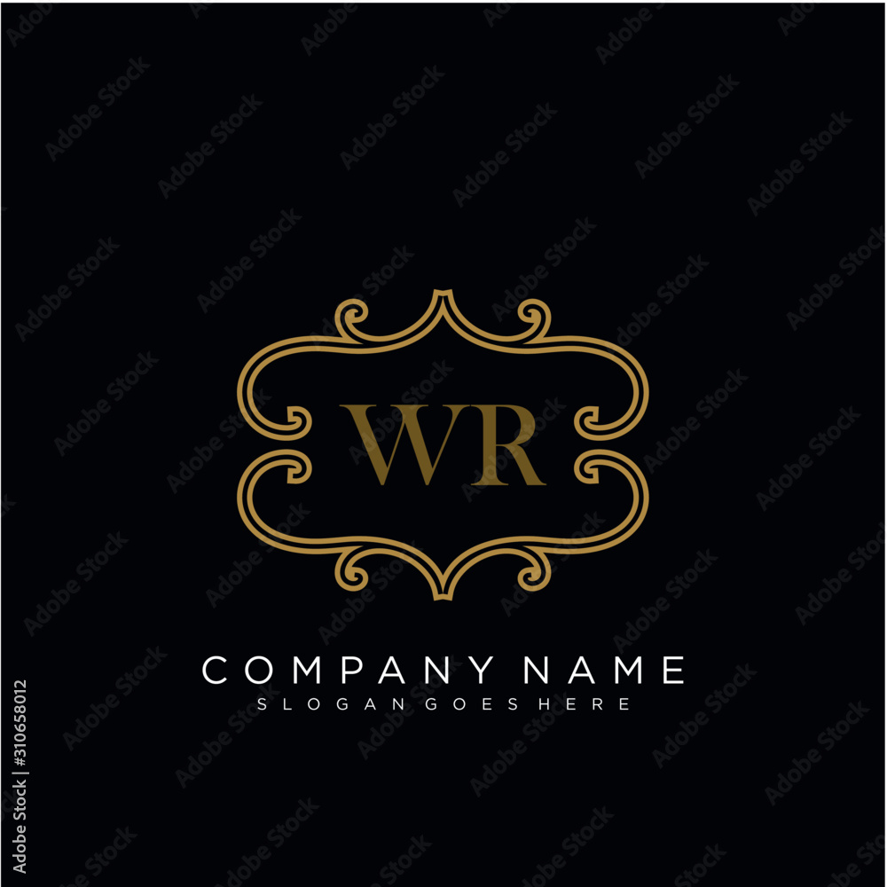 Initial letter WR logo luxury vector mark, gold color elegant classical